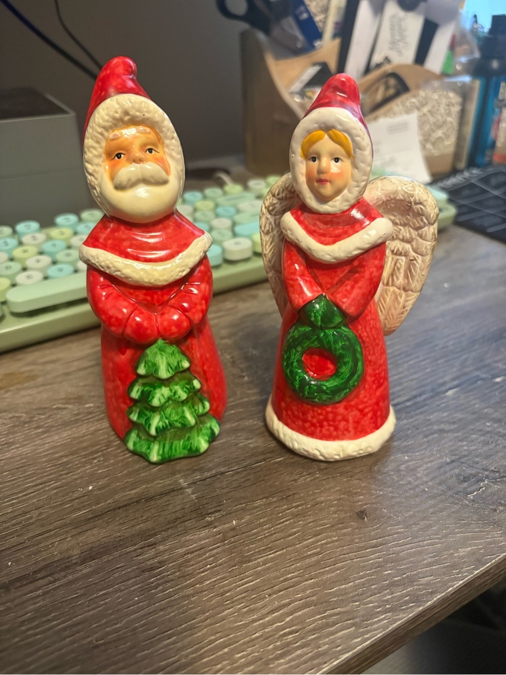 Vintage Holiday Santa and Angel Ceramic Figurines in Red and Green